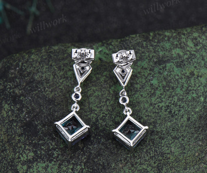 Princess cut Alexandrite earrings 14k white gold kite halo sapphire drop earrings women June birthstone dainty anniversary gift for her