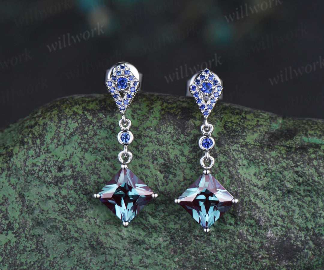 Princess cut Alexandrite earrings 14k white gold kite halo sapphire drop earrings women June birthstone dainty anniversary gift for her