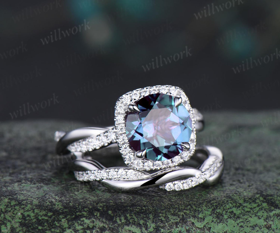 2ct Round cut Alexandrite engagement ring set infinity 3/4 eternity cushion halo diamond bridal wedding ring set 14k white gold jewelry