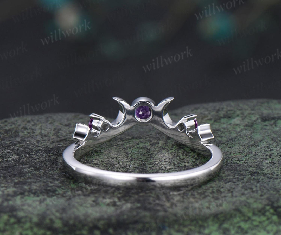 Moon star bezel amethyst curved wedding band solid 14k white gold sun three stone stacking dainty bridal anniversary ring women gift