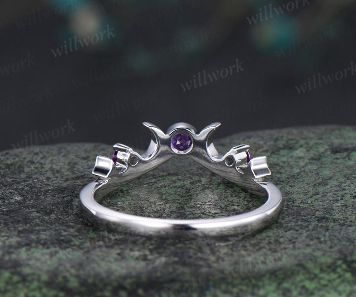 Moon star bezel amethyst curved wedding band solid 14k white gold sun three stone stacking dainty bridal anniversary ring women gift