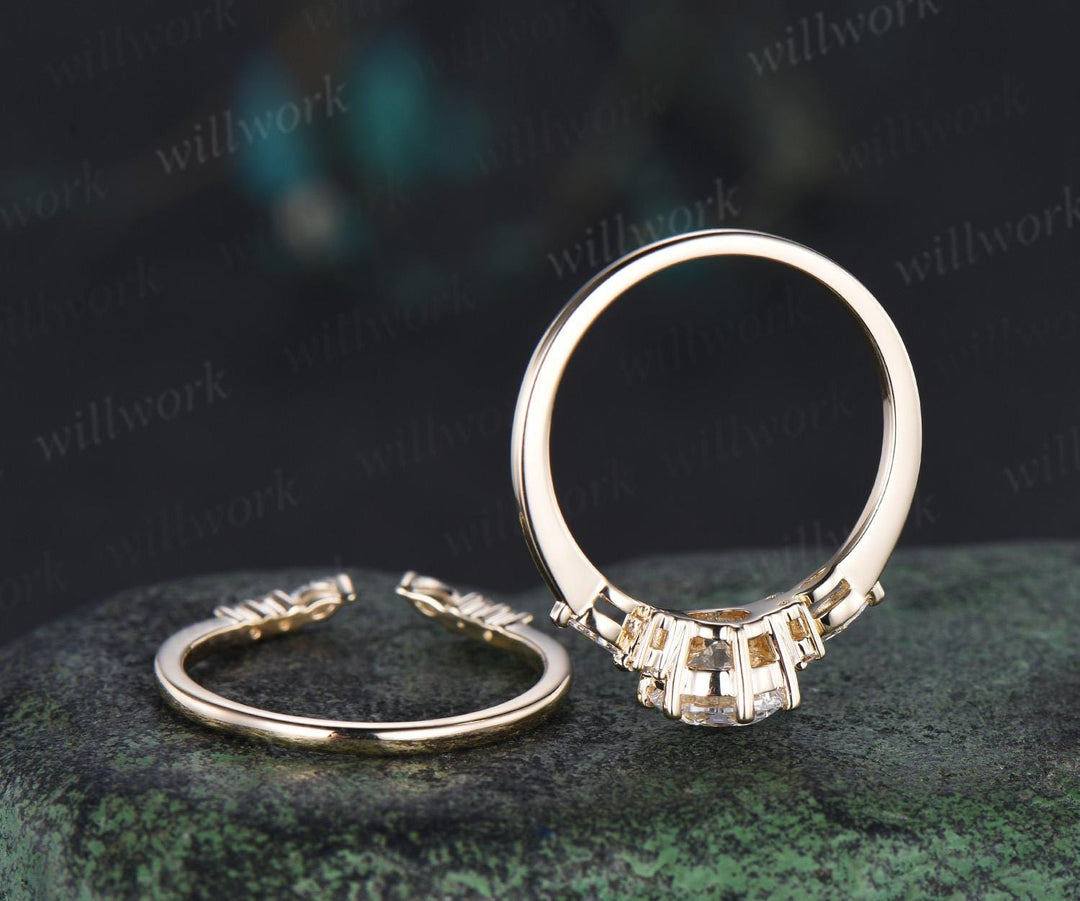 1ct round cut moissanite IGI lab grown diamond engagement ring set women solid 14k yellow gold 6 prong promise ring open gap wedding band