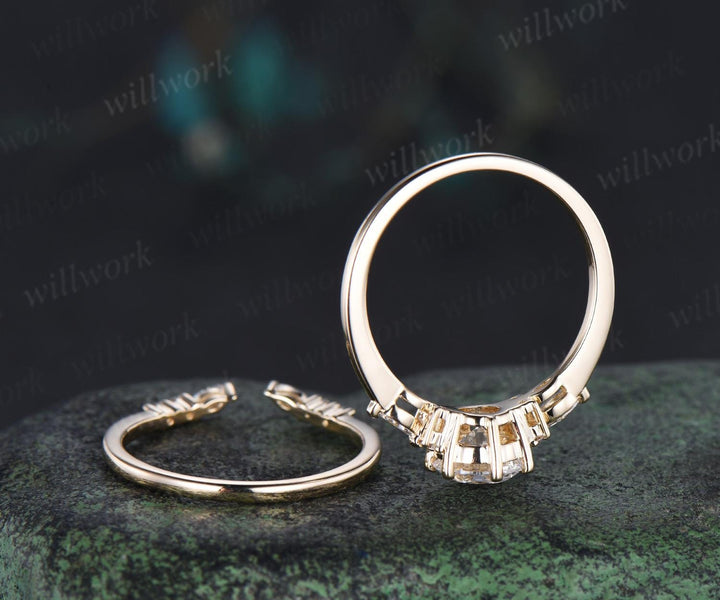 1ct round cut moissanite IGI lab grown diamond engagement ring set women solid 14k yellow gold 6 prong promise ring open gap wedding band