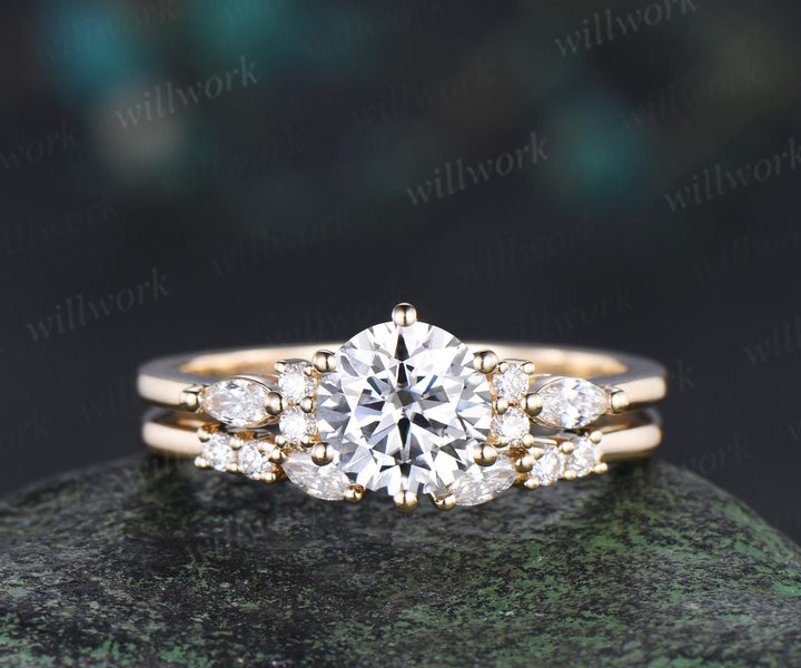 1ct round cut moissanite IGI lab grown diamond engagement ring set women solid 14k yellow gold 6 prong promise ring open gap wedding band