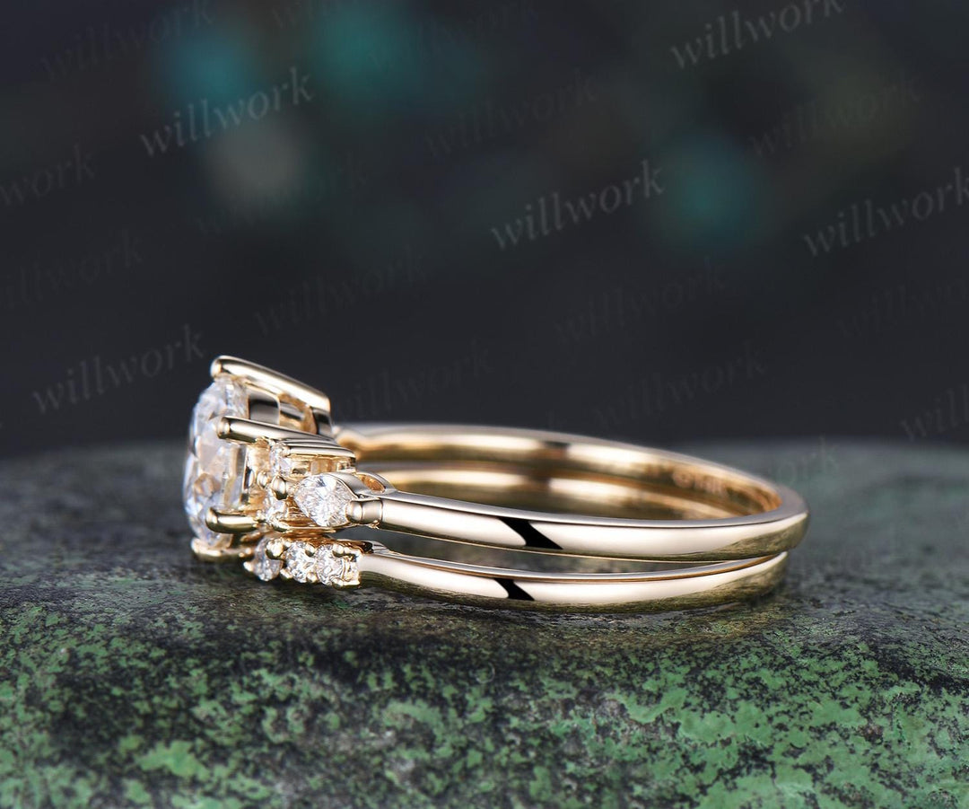 1ct round cut moissanite IGI lab grown diamond engagement ring set women solid 14k yellow gold 6 prong promise ring open gap wedding band