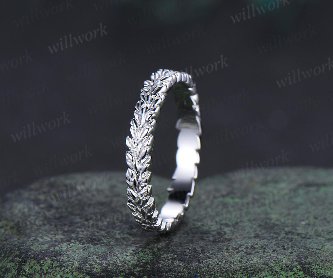 Leaf wedding band mens women full eternity nature inspired wedding ring set 14k white gold couple rings art deco anniversary ring gift