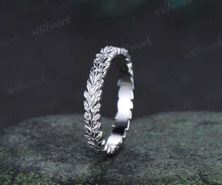 Leaf wedding band mens women full eternity nature inspired wedding ring set 14k white gold couple rings art deco anniversary ring gift