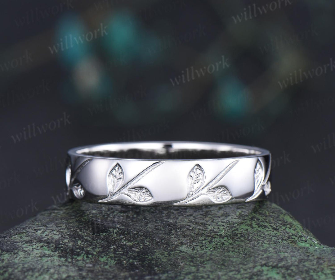 Leaf wedding band mens women full eternity nature inspired wedding ring set 14k white gold couple rings art deco anniversary ring gift