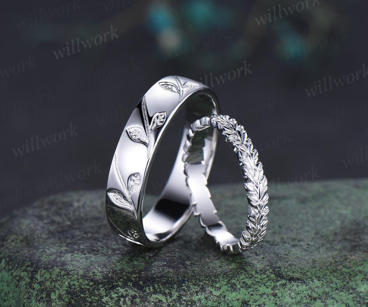 Leaf wedding band mens women full eternity nature inspired wedding ring set 14k white gold couple rings art deco anniversary ring gift