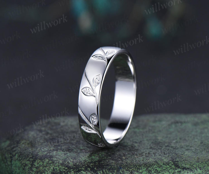 Leaf wedding band mens women full eternity nature inspired wedding ring set 14k white gold couple rings art deco anniversary ring gift