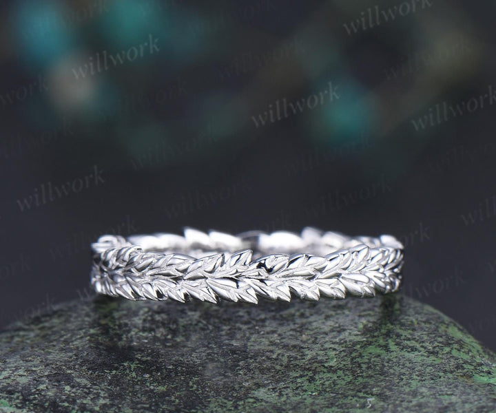 Leaf wedding band mens women full eternity nature inspired wedding ring set 14k white gold couple rings art deco anniversary ring gift