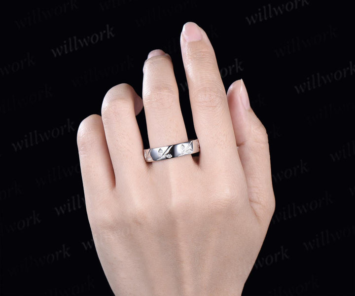 Leaf wedding band mens women full eternity nature inspired wedding ring set 14k white gold couple rings art deco anniversary ring gift
