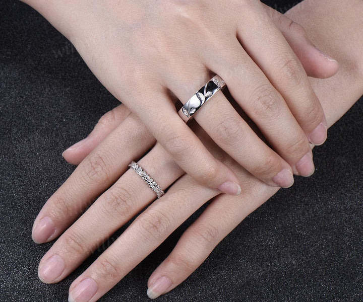 Leaf wedding band mens women full eternity nature inspired wedding ring set 14k white gold couple rings art deco anniversary ring gift