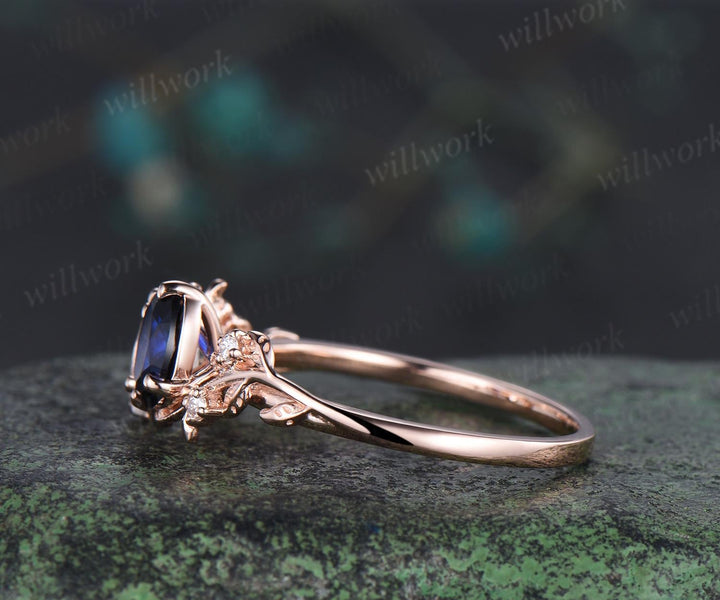 Oval cut moonstone sapphire ring vintage rose gold leaf nature inspired engagement ring five stone diamond wedding promise ring women