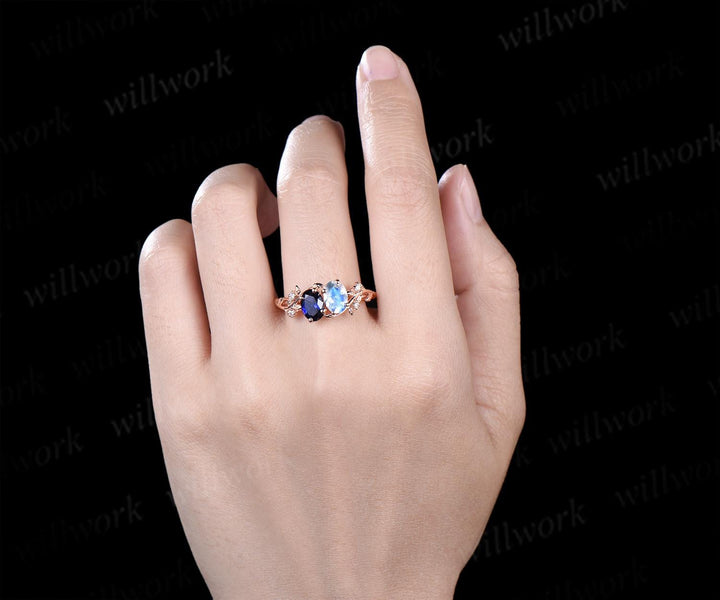 Oval cut moonstone sapphire ring vintage rose gold leaf nature inspired engagement ring five stone diamond wedding promise ring women