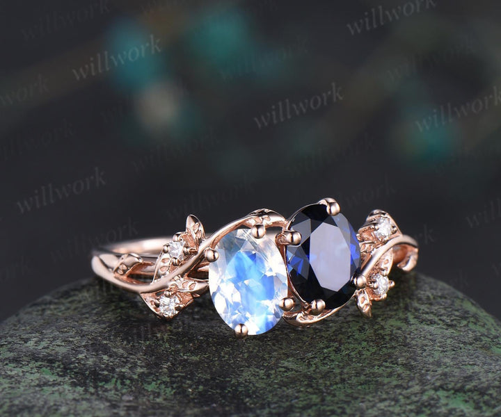 Oval cut moonstone sapphire ring vintage rose gold leaf nature inspired engagement ring five stone diamond wedding promise ring women