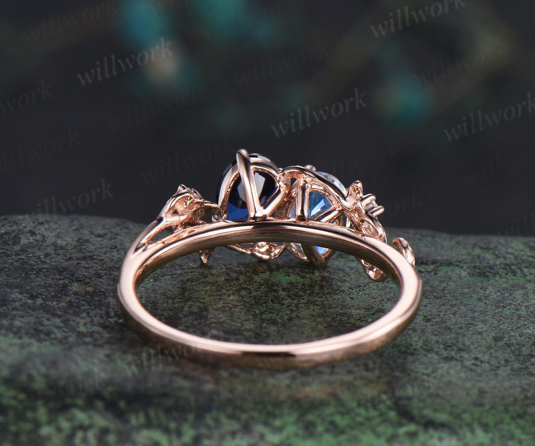 Oval cut moonstone sapphire ring vintage rose gold leaf nature inspired engagement ring five stone diamond wedding promise ring women