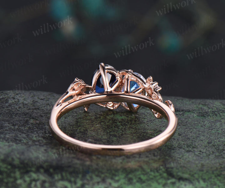 Oval cut moonstone sapphire ring vintage rose gold leaf nature inspired engagement ring five stone diamond wedding promise ring women