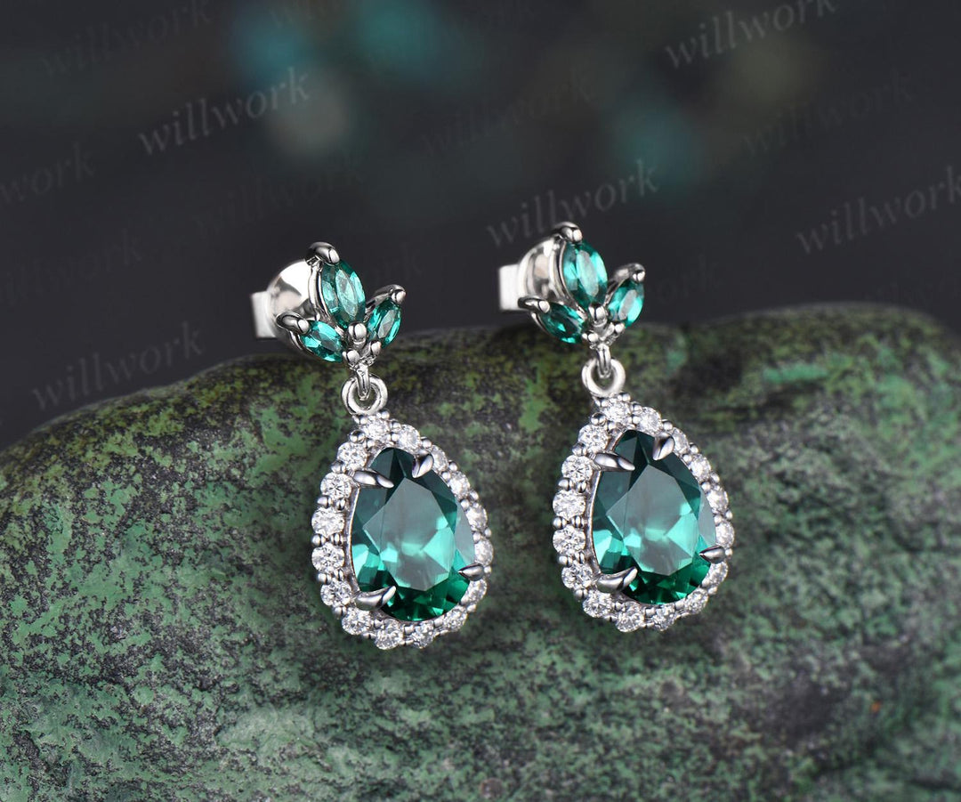 Pear teardrop cut green emerald earrings solid 14k white gold vintage leaf marquise emerald drop earrings women anniversary gift jewelry