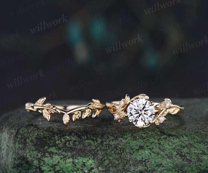 1ct round cut IGI Lab grown diamond ring 14k yellow gold branch leaf nature inspired engagement ring jewelry promise bridal set women
