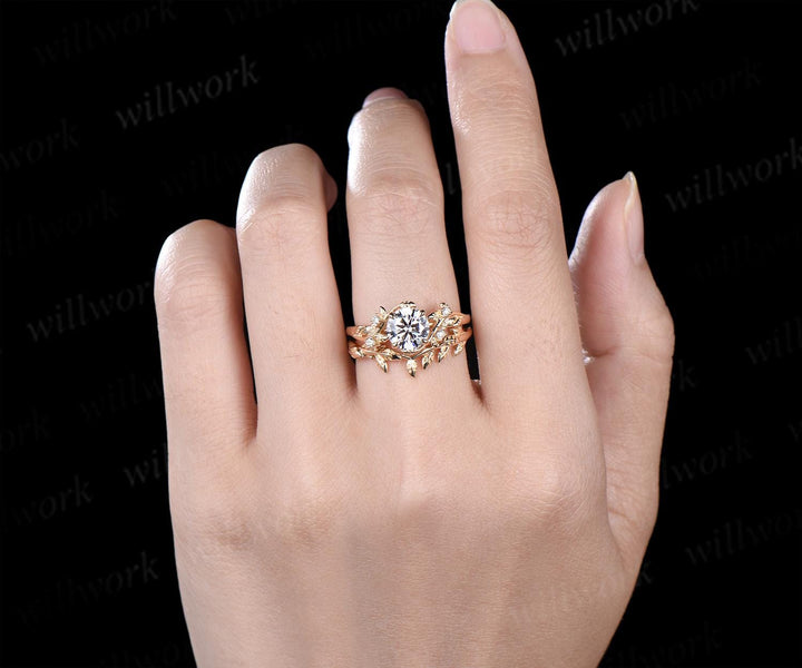 1ct round cut IGI Lab grown diamond ring 14k yellow gold branch leaf nature inspired engagement ring jewelry promise bridal set women