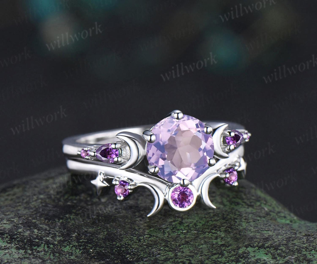 Round cut Lavender Amethyst engagement ring set women white gold moon star sun amethyst wedding crystal ring dainty anniversary gift