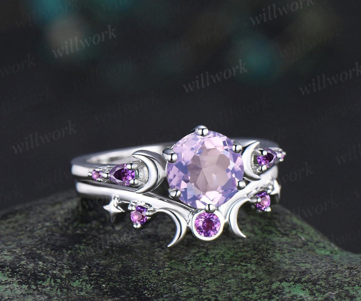 Round cut Lavender Amethyst engagement ring set women white gold moon star sun amethyst wedding crystal ring dainty anniversary gift