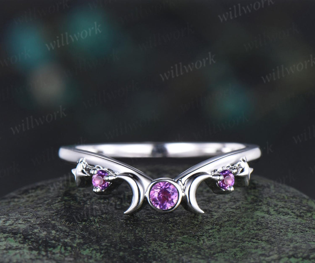 Round cut Lavender Amethyst engagement ring set women white gold moon star sun amethyst wedding crystal ring dainty anniversary gift