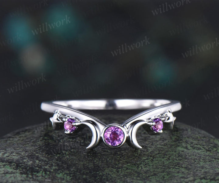 Round cut Lavender Amethyst engagement ring set women white gold moon star sun amethyst wedding crystal ring dainty anniversary gift
