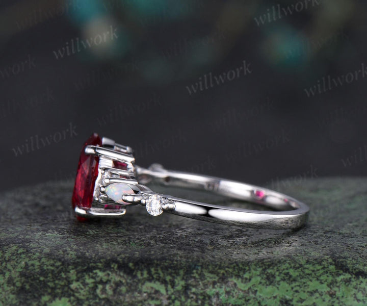 2ct oval cut red ruby engagement ring white gold opal diamond wedding ring women July birthstone ring women jewelry