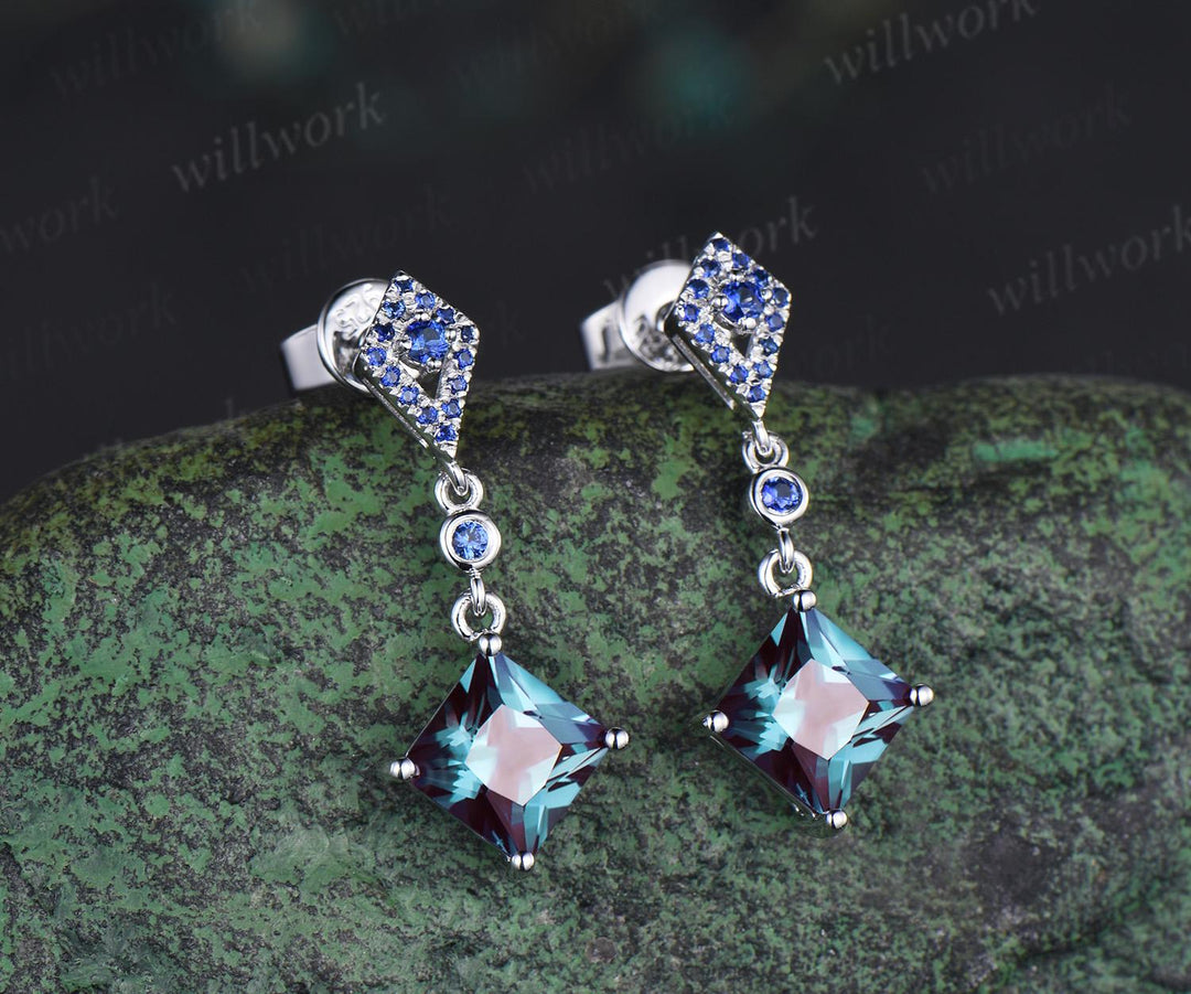 Princess cut Alexandrite earrings 14k white gold kite halo sapphire drop earrings women June birthstone dainty anniversary gift for her