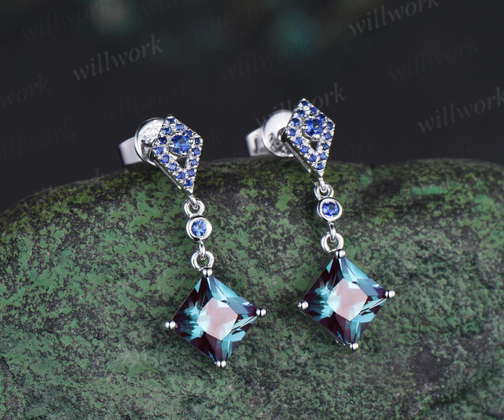 Princess cut Alexandrite earrings 14k white gold kite halo sapphire drop earrings women June birthstone dainty anniversary gift for her