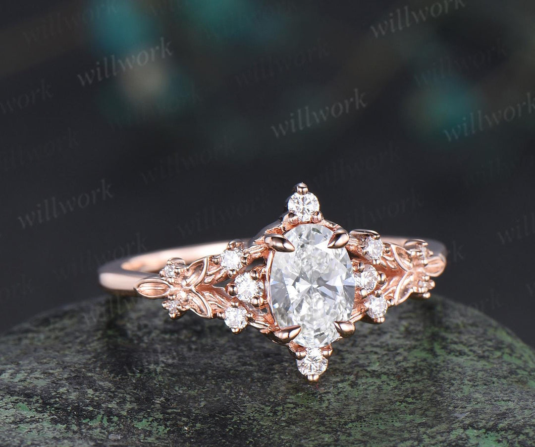 Oval cut IGI Lab grown diamond moissanite engagement ring leaf nature inspired cluster art deco wedding promise ring women jewelry