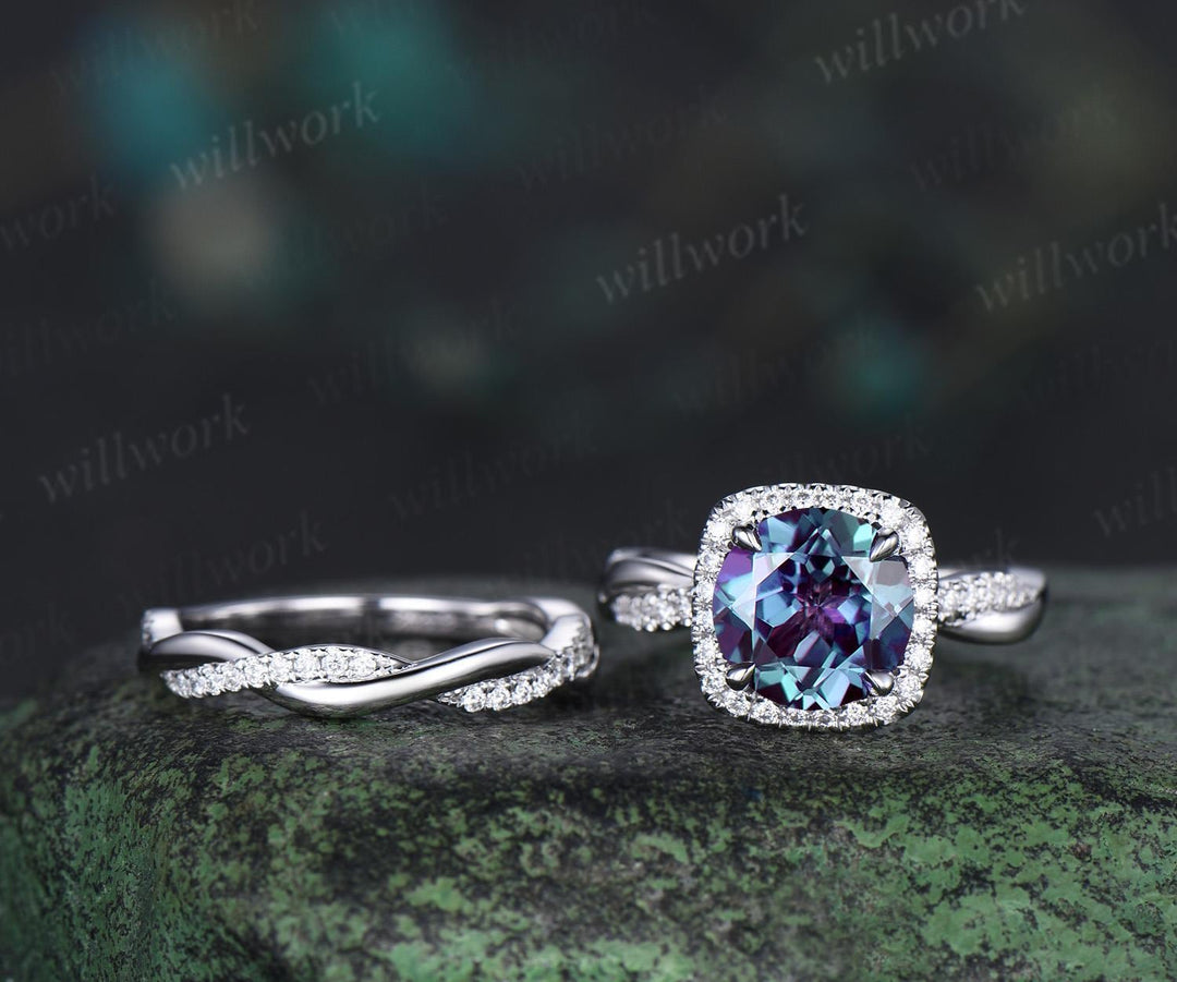 2ct Round cut Alexandrite engagement ring set infinity 3/4 eternity cushion halo diamond bridal wedding ring set 14k white gold jewelry