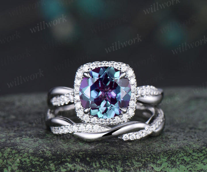 2ct Round cut Alexandrite engagement ring set infinity 3/4 eternity cushion halo diamond bridal wedding ring set 14k white gold jewelry