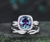 2ct Round cut Alexandrite engagement ring set infinity 3/4 eternity cushion halo diamond bridal wedding ring set 14k white gold jewelry