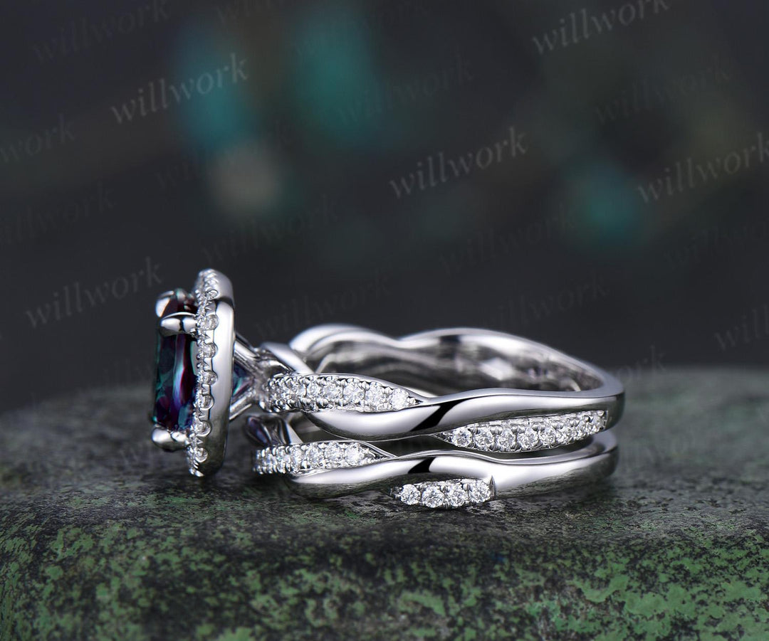 2ct Round cut Alexandrite engagement ring set infinity 3/4 eternity cushion halo diamond bridal wedding ring set 14k white gold jewelry