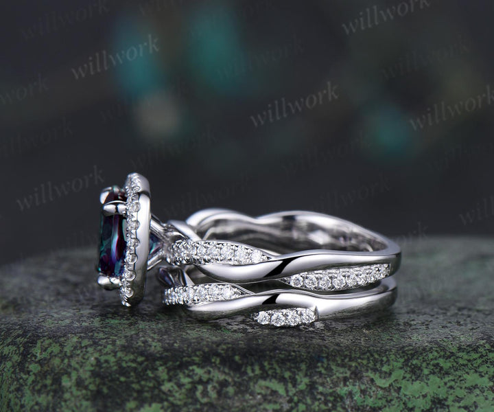 2ct Round cut Alexandrite engagement ring set infinity 3/4 eternity cushion halo diamond bridal wedding ring set 14k white gold jewelry