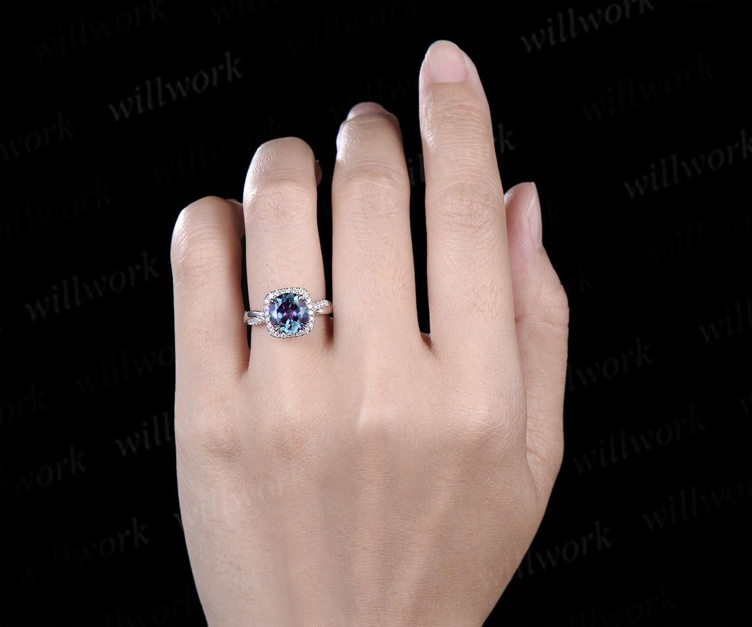 2ct Round cut Alexandrite engagement ring set infinity 3/4 eternity cushion halo diamond bridal wedding ring set 14k white gold jewelry