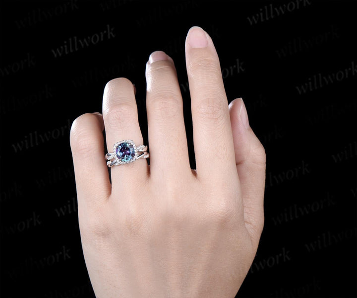 2ct Round cut Alexandrite engagement ring set infinity 3/4 eternity cushion halo diamond bridal wedding ring set 14k white gold jewelry