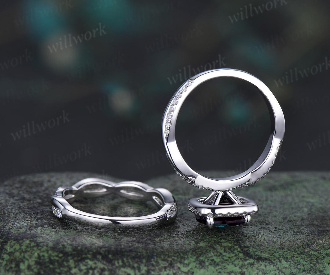 2ct Round cut Alexandrite engagement ring set infinity 3/4 eternity cushion halo diamond bridal wedding ring set 14k white gold jewelry