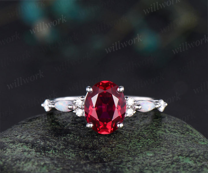 2ct oval cut red ruby engagement ring white gold opal diamond wedding ring women July birthstone ring women jewelry