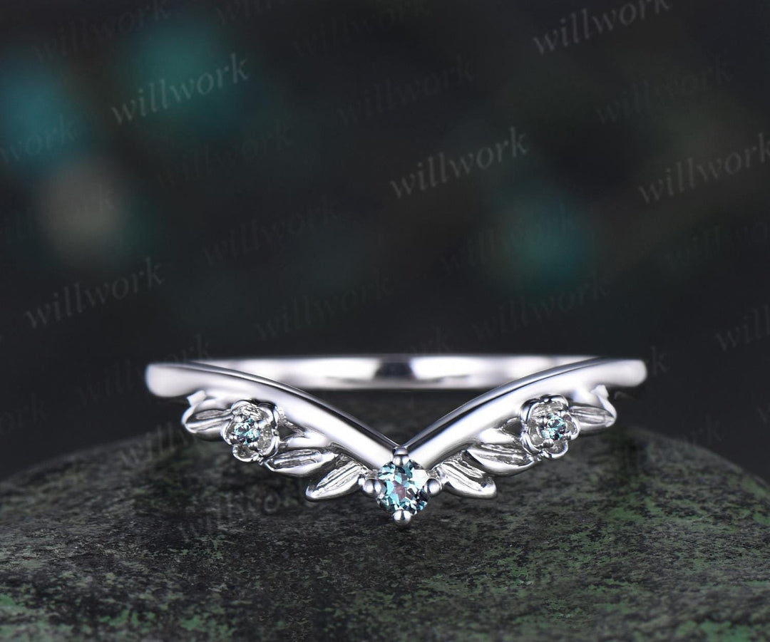 Leaf floral Alexandrite curved wedding band solid 14k white gold nature inspired three stone stacking bridal anniversary ring women gift