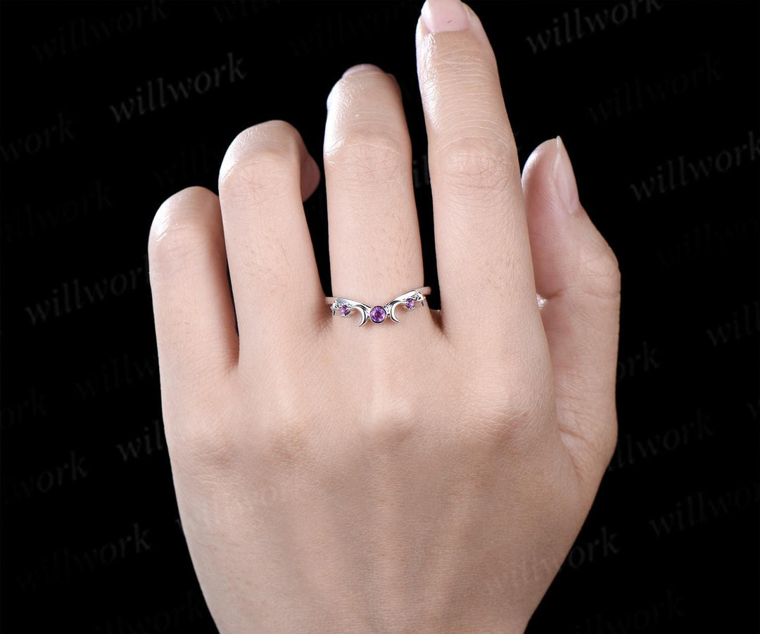 Moon star bezel amethyst curved wedding band solid 14k white gold sun three stone stacking dainty bridal anniversary ring women gift