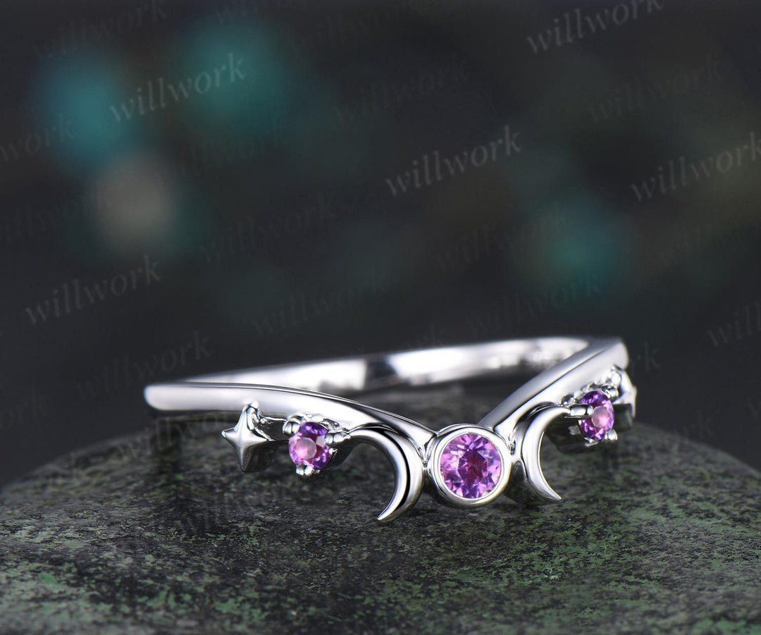 Moon star bezel amethyst curved wedding band solid 14k white gold sun three stone stacking dainty bridal anniversary ring women gift