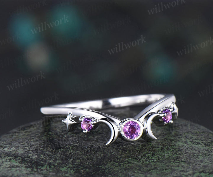 Moon star bezel amethyst curved wedding band solid 14k white gold sun three stone stacking dainty bridal anniversary ring women gift