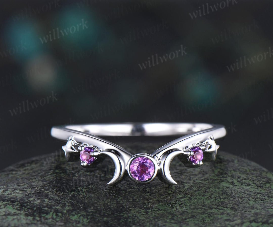 Moon star bezel amethyst curved wedding band solid 14k white gold sun three stone stacking dainty bridal anniversary ring women gift