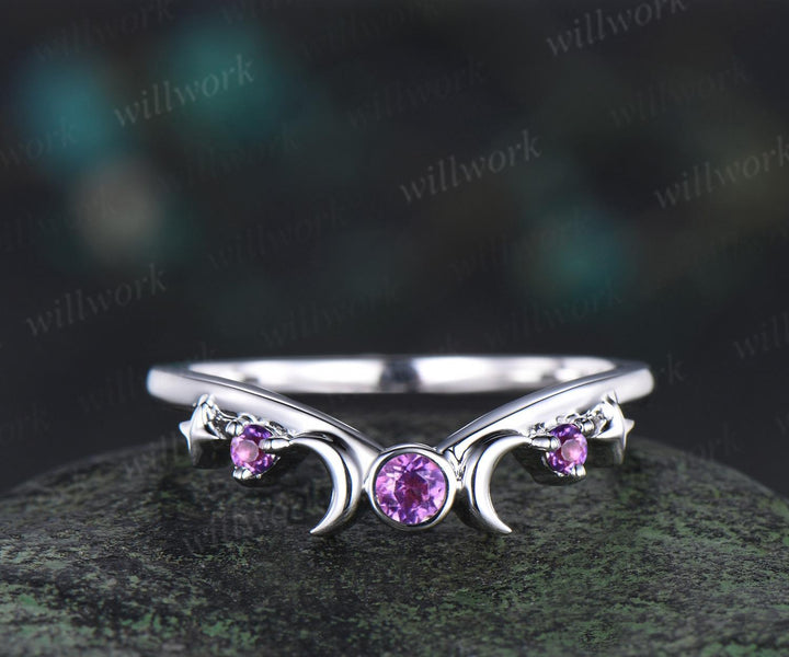 Moon star bezel amethyst curved wedding band solid 14k white gold sun three stone stacking dainty bridal anniversary ring women gift