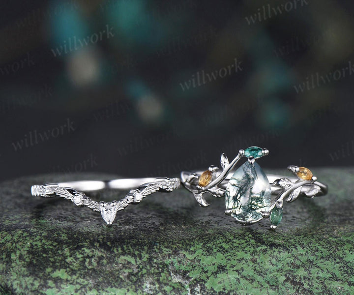 Pear shaped natural moss agate engagement ring emerald citrine cluster leaf nature inspired bridal anniversary ring set women gift silver