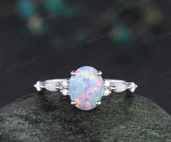 Oval opal engagement ring 14k white gold fire opal diamond wedding ring women October birthstone ring women jewelry